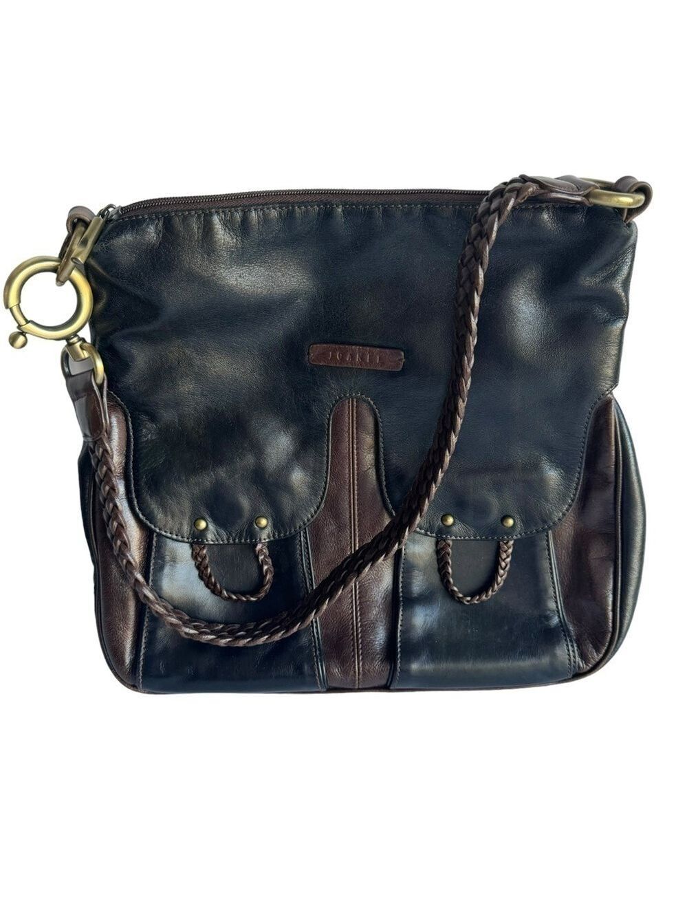 Joanel Faux Leather Shoulder Bag Black Brown Boho Braided Casual Purse VGUC